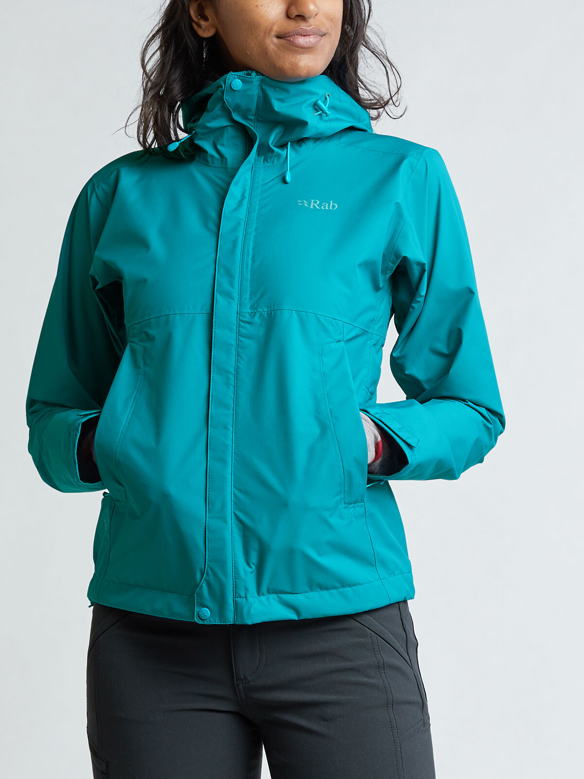 teal rain jacket