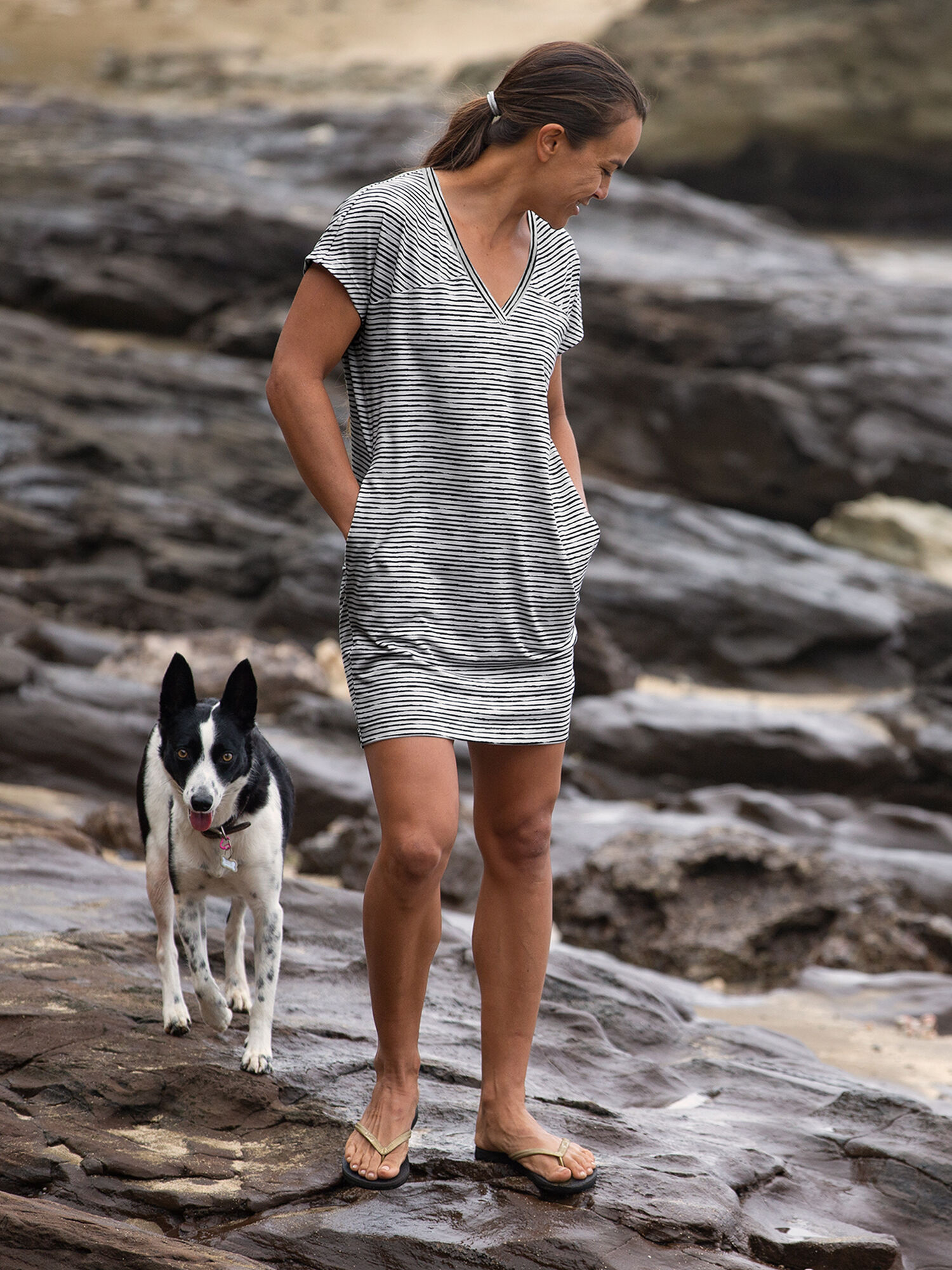 Hiolani V Neck Dress - Painted Stripe, , model