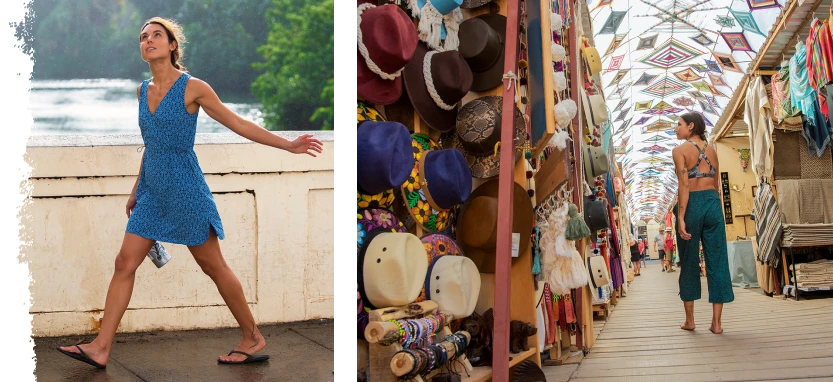 Women in tropical travel clothes talking