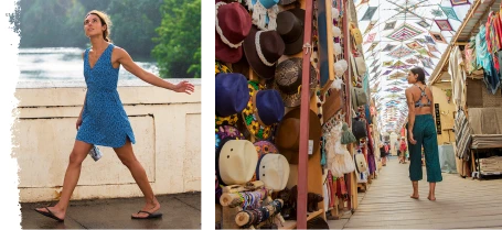 Women in tropical travel clothes talking